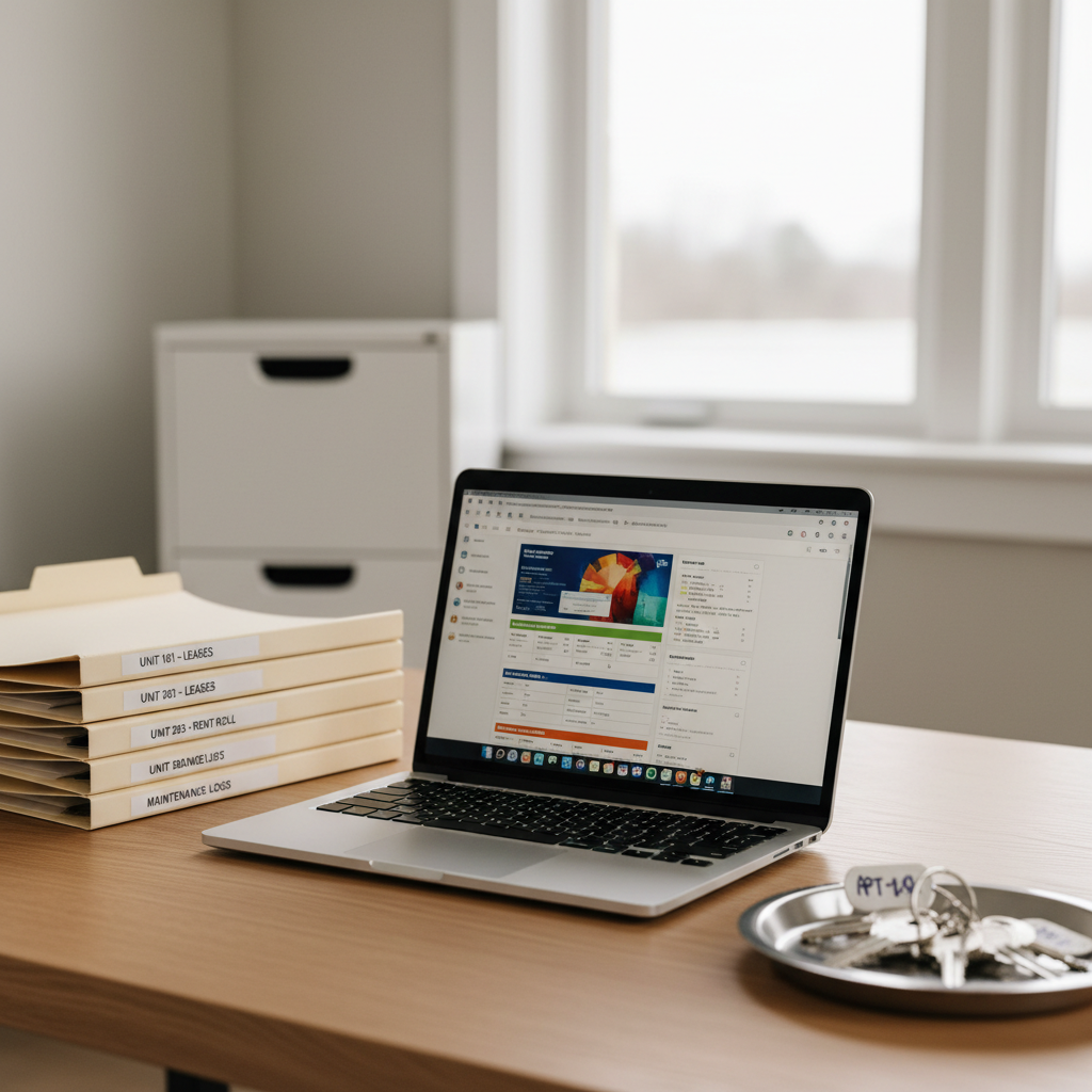 A well-organized landlord’s home office setup on a smooth oak desk, showcasing a slim silver laptop displaying a property management dashboard, a neat stack of property folders with labeled spines, and a small metal key tray holding several identical, tagged keys. The background includes a blurred white filing cabinet and a large window with soft overcast daylight streaming in, creating a calm, even illumination with minimal shadows. Photographed at eye-level with a shallow depth of field focusing on the laptop and keys, the composition uses the rule of thirds to suggest efficiency and order. The mood is professional and methodical, with photographic realism that visually represents full rental services, administration, and oversight for landlords.